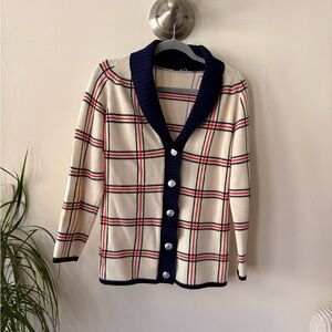 Vintage Cream Plaid Shawl Collar Cardigan with Navy Trim and Buttons